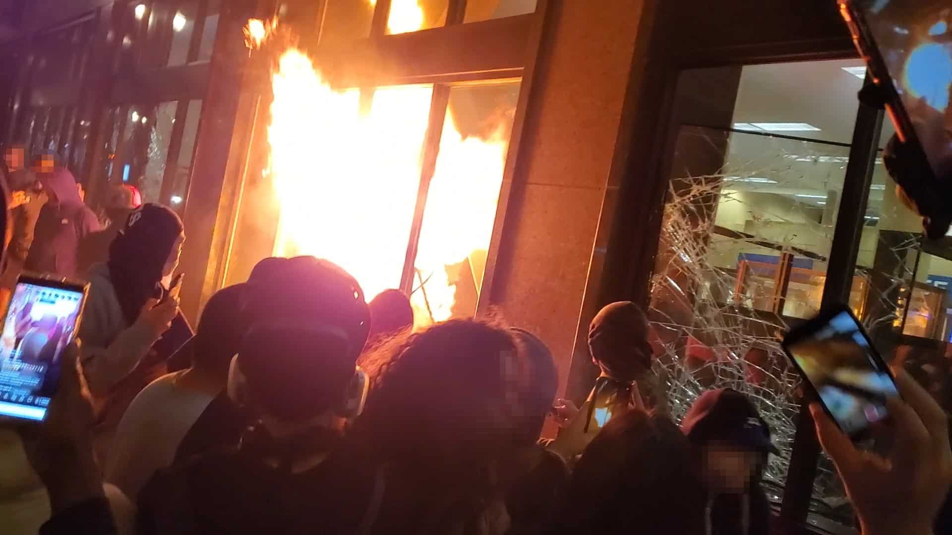 Chase Bank at Pioneer Courthouse Square is set ablaze on Friday night.