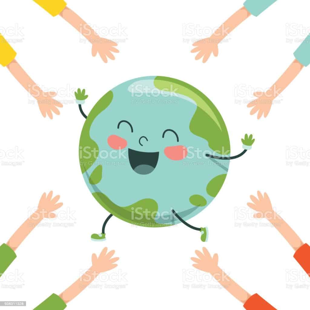 A terrible stock vector image of a bunch of children's hands reaching for an anthropomorhpized Earth that's laughing and running. The image is covered in iStock watermarks because there's no way in hell we're paying for this crap.