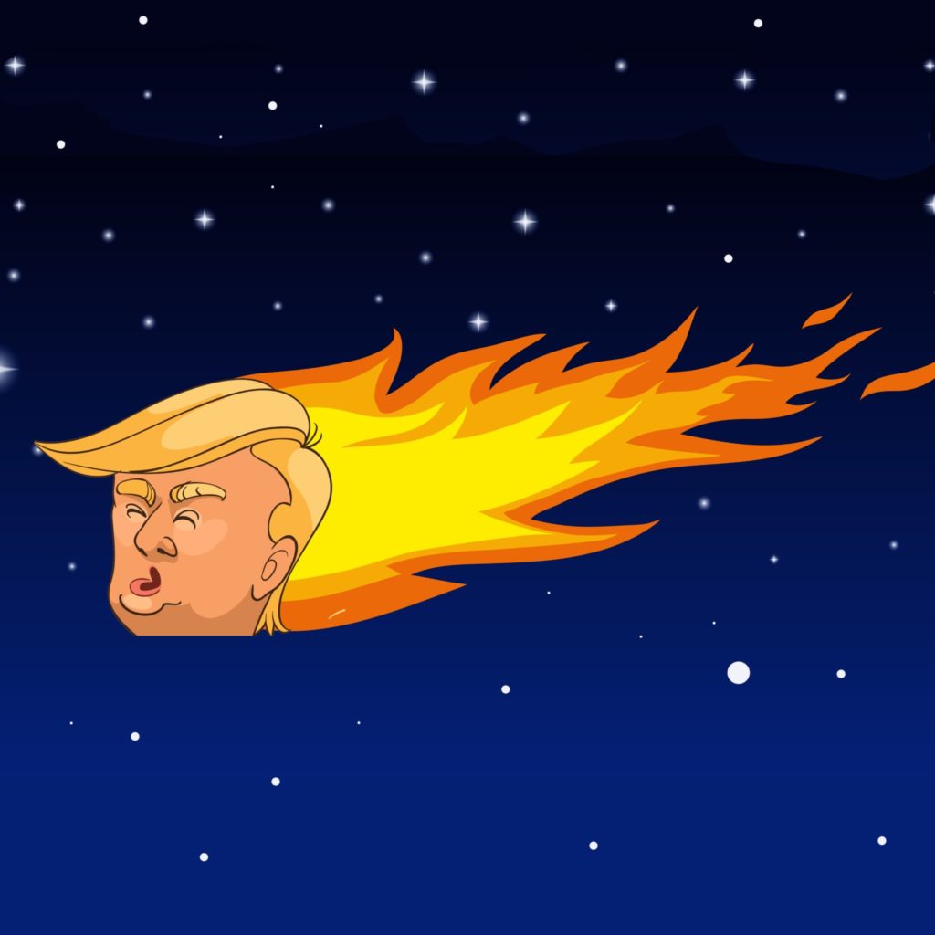 A cartoon comet with Trump's face.