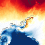 A temperature map of Antartica depicting well-above normal temperatures in dark red.