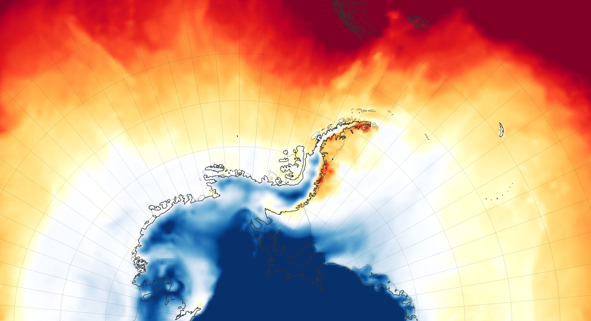 A temperature map of Antartica depicting well-above normal temperatures in dark red.