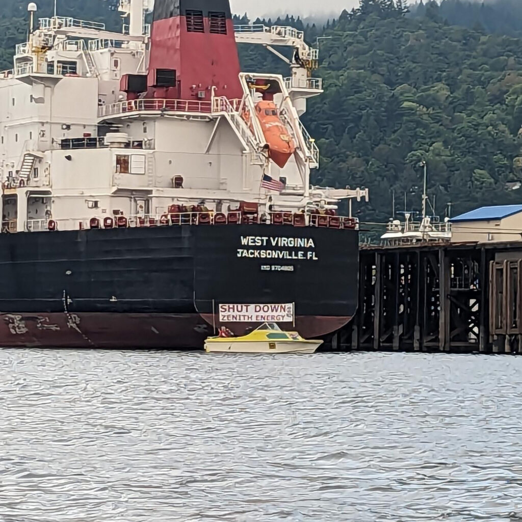 Little boat, Greta T block an oil tanker at Zenith Energy Dock