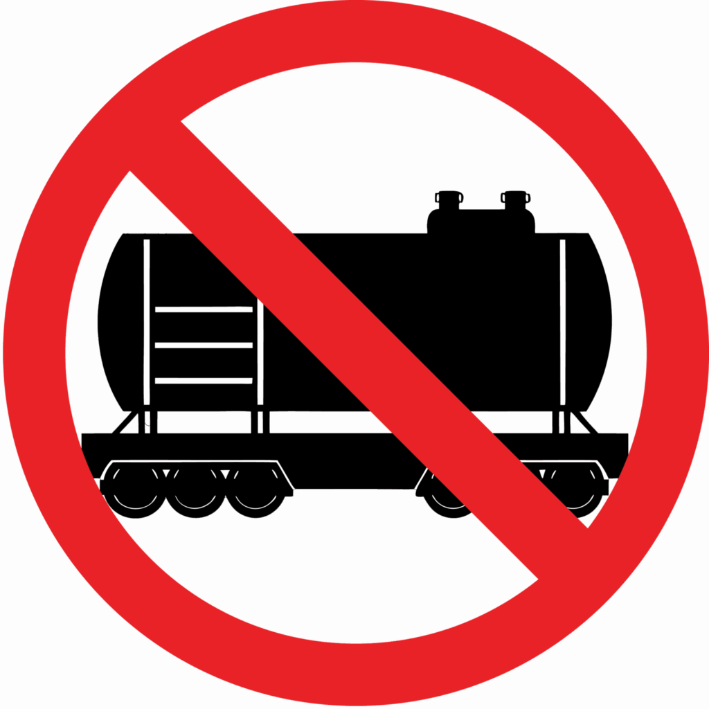 No oil trains. Oil train silhouette covered by red circle with a slash.