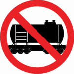 No oil trains. Oil train silhouette covered by red circle with a slash.
