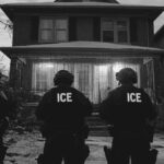 Three ICE agents standing outside of a house,